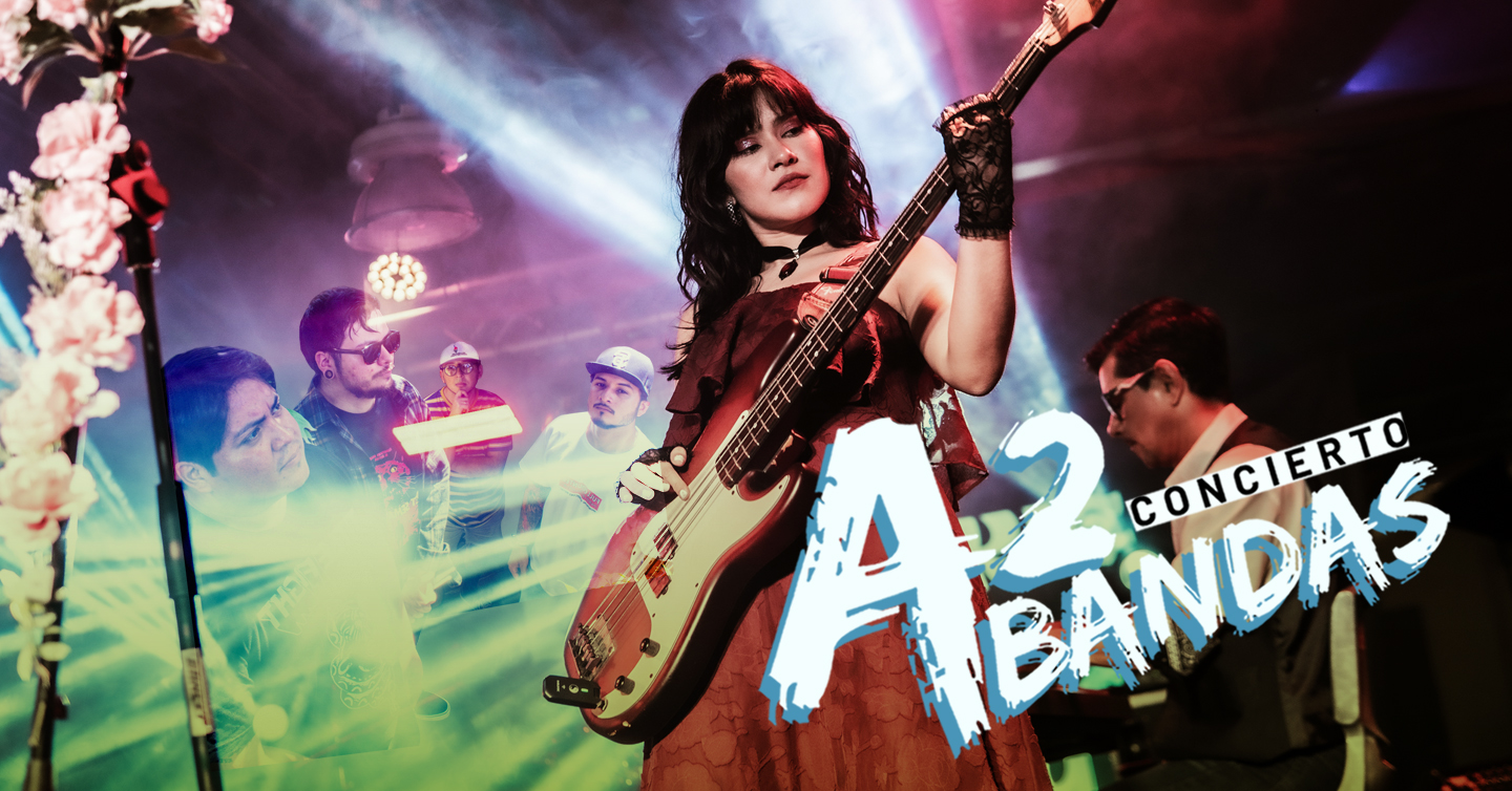 Una fotografía de Morelú tocando el bajo y, tras ella, el grupo Días de Octubre. Aparece el texto A2Bandas Concierto.